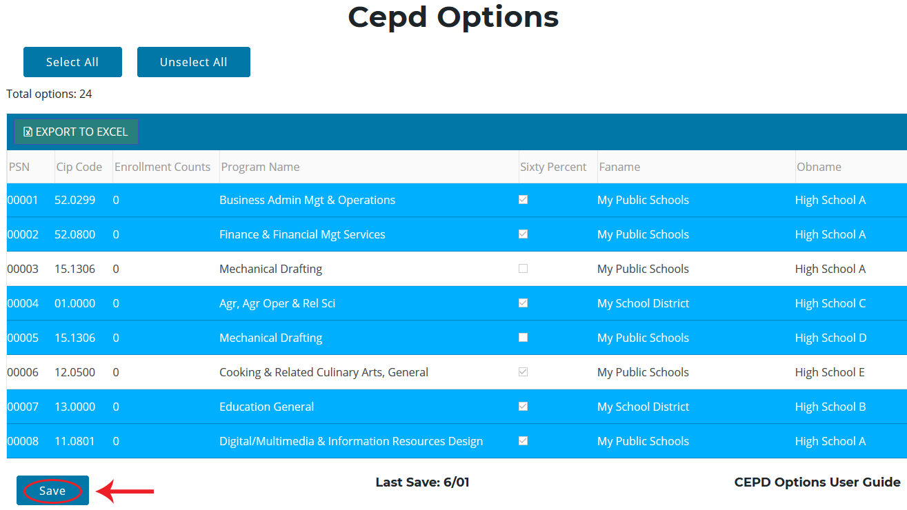 The CEPD Options screen, where several programs are marked to receive the CEPD share of Added Cost funding and the Save button is highlighted