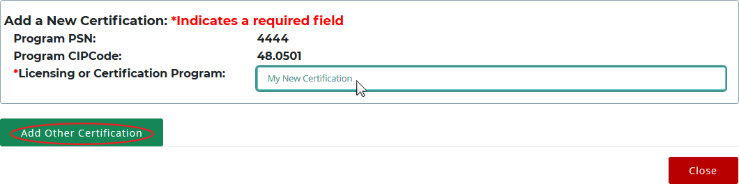 The Add a New Certification pop-up window, where a new certification is being added via the Licensing or Certification Program text field